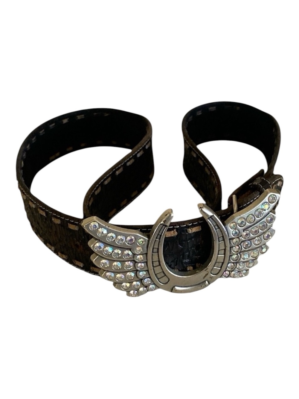 Vintage Etched Leather Rhinestone Horseshoe Black Belt w/Detachable Hardware XL